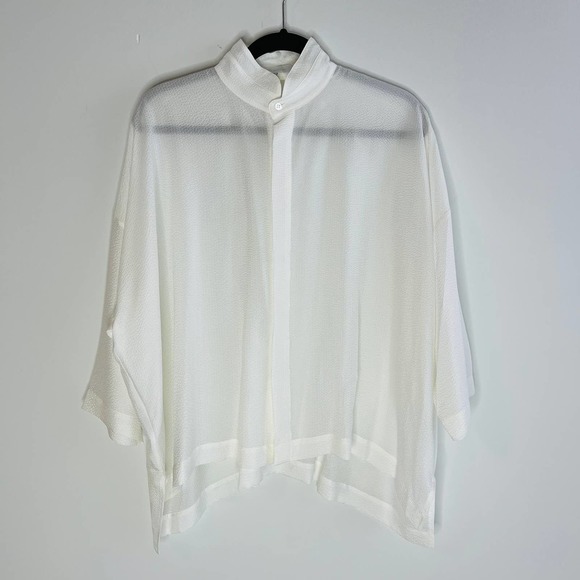 eskandar Tops - Eskandar Wide A-Line oversized white Textured crepe silk short sleeve blouse